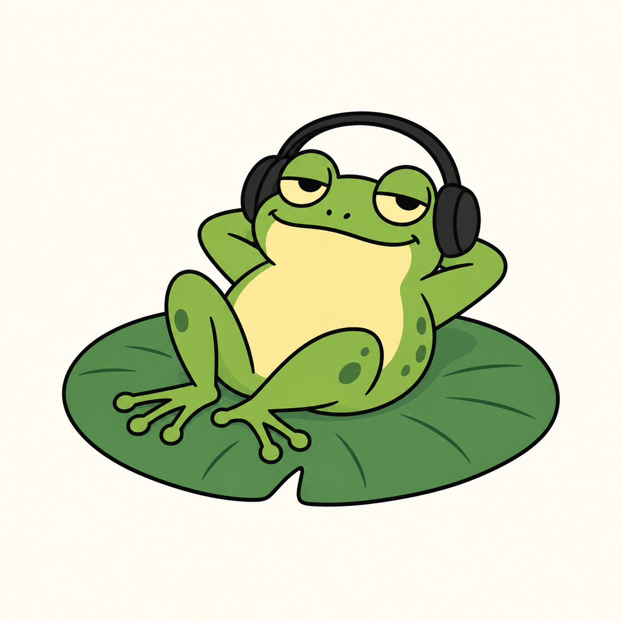 A laid-back green frog wearing headphones and lounging on a lily pad